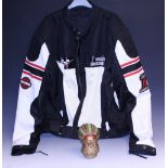 A Harley-Davidson motorcycle jacket, drawstring bag, modern,