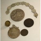 A silver bracelet, Wilhelmina 1938, 39, 41 and 44 10 cent coins; a silver agricultural medal,