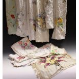 Textiles - hand embroidered linen tablecloths including English country garden flowers