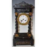 A 19th century French brass inlaid portico clock, brass mounted circular dial, Roman numerals,