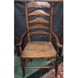 A 19th century Provincial elm ladder back armchair, serpentine arms, boarded seat, plain stretchers,