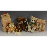 A Steiff miniature club bear, Steiff Club 2001, white tag; another Uhu, Owl, 1954, yellow tag,