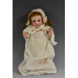 Armand Marseille - a 390 bisque head miniature baby doll, sleeping blue eyes,open mouth with teeth,