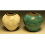 A reduced stoneware ovoid vase, by the Made In Cley Cooperative, Norfolk, turquoise crackle glaze,