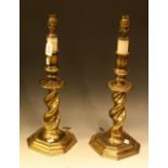 A pair of brass table lamps, turned columns,