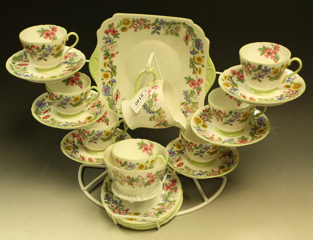 A Shelley Hedgerow pattern Richmond shape tea set, comprising seven teacups, six saucers,