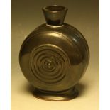 A terracotta moon flask, by Dorothy Kemp, oxidised black glaze,