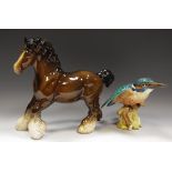 A Beswick cantering shire horse, printed marks; a Beswick Kingfisher,