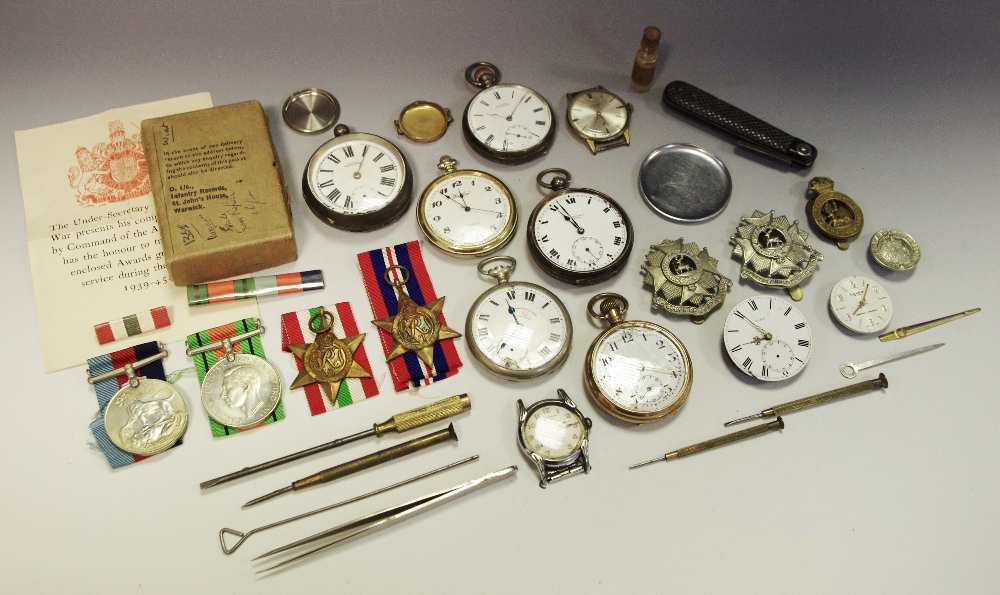 Watches and part - a silver open faced pocket watch; another;other, WWII medals;cap badges,.