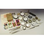 Watches and part - a silver open faced pocket watch; another;other, WWII medals;cap badges,.