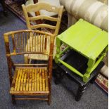 An early 20th century elm child's country ladder back chair with rush seat; 2 painted stools; etc.