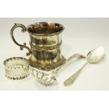 Silver and plate - a Sheffield pierced napkin ring, spoon, EPNS tankard etc.