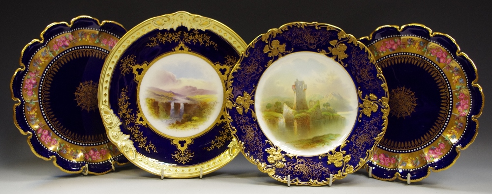 A Coalport "Leighton" cabinet plate gilded on a cream & cobalt ground,