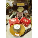 Boxes & Objects - an earl 20th century bakelite Bush radio; Smith Alarm clock; OXO tins;
