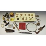 Boxes and objects - brass weights pressure gauge; fountain pens; stamps; military buttons,