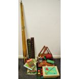 Snooker - twelve various billiards and snooker cues; mahogany twelve section snooker que rack;