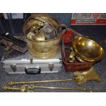 Metalware - Victorian Avery scale weights; fireside implements; 18th century pewter plate; jam pan;