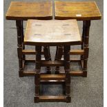 Three oak bar stools by Nigel Griffiths, rectangular seat,