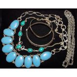 Jewellery - a silver hinged bangle; a silver and turquoise necklace;