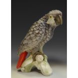A large Goebel model of a grey parrot, perched on a branch,