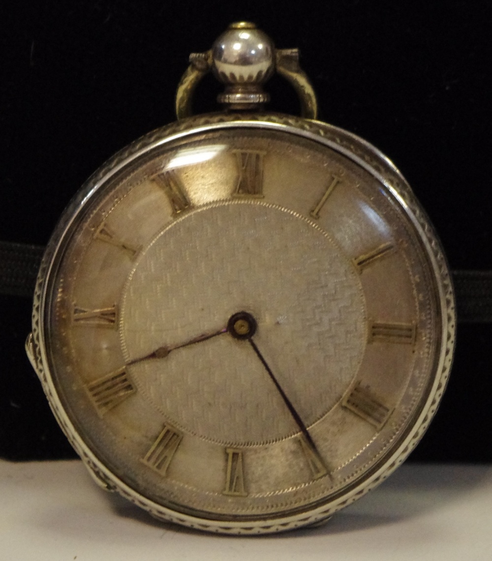 A 19th century fine silver fob watch, engine turned dial, c.