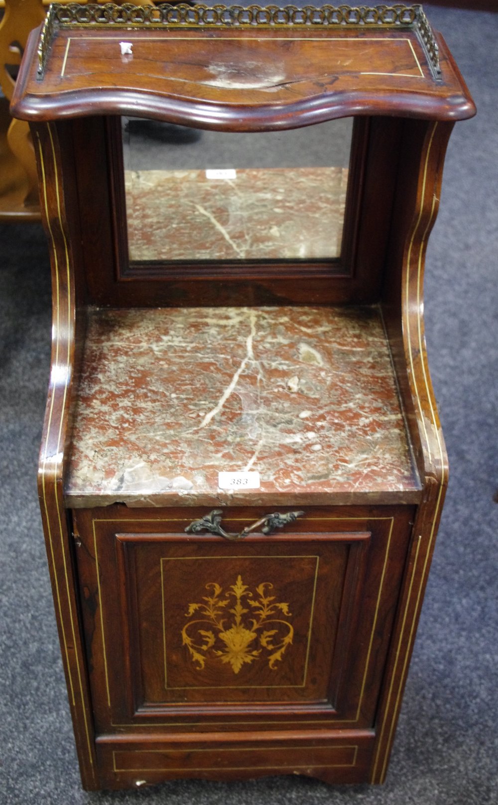 A Sheraton revival coal scuttle, rouge marble top,