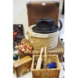 A Wicker picnic basket; a smokers cap; a Christie's trilby;