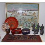 A Japanese silk embroidery; terracotta Army figures; Satsuma;