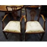 A pair of Hepplewhite style open arm chairs pierced vasular splat, drop in seats,