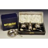 A cased silver cruet set, fitted interior; a Reid & Sons trinket dish,