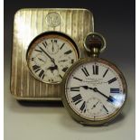 A large Station Masters open faced pocket watch, in silver travelling case; another,