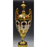 A Royal Crown Derby 1128 pattern twin handled ovoid pedestal vase (faults)