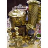 Metalware - a brass trivet; coal bucket; umbrella stand; 19th century brass shoes;