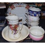 An Ashworth Bros. ironstone china large meat plate; various chamber pots; wash jugs and basins; etc.