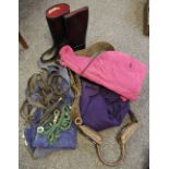 Blue suede chaps; Australian leather hat size Small; riding boots,