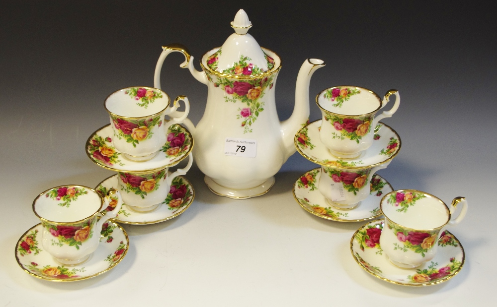 A Royal Albert Old Country Roses coffee set for six comprising coffee pot and six teacups and
