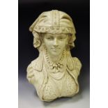 An early 20th century pottery wall bust, of a Romany Lady, cream crackle glaze,