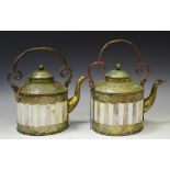 Two Vietnamese brass and abalone tea kettles.