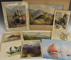 A folio of prints, watercolours and etchings, including works by E Lewis, J Wallace, etc,