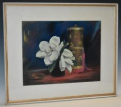 Jah (mid-20th century) Still Life, Magnolia, Alms Dish and Tibetan Scroll Case signed, pastel,