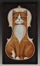 Austin Samson (British School) Tabby Cat on a Fiddle Back signed, oil on a violin back, 37cm x 20.