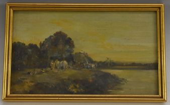 English School, early 20th century, Farm Workers by the riverside at Dusk, oil on board, 14.