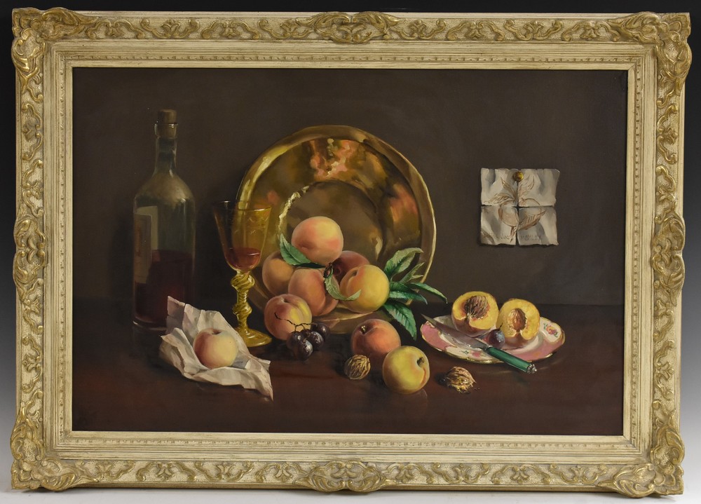 Deborah Jones (1921 - 2012) Still Life, Ripe Fruit, Wine Bottle and Glass, and Brass Dish signed,