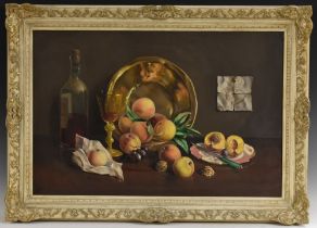 Deborah Jones (1921 - 2012) Still Life, Ripe Fruit, Wine Bottle and Glass, and Brass Dish signed,