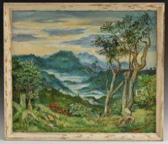 Eric Smith Mist in the Valley, Jamaica, signed, gallery label to verso, oil on canvas, 56.