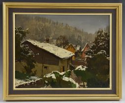 Go** (Eastern European School 20th century) Snowy Landscape indistinctly signed, oil on board,