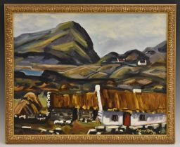 A. Joyce O'Reilly Mountainous Irish Coastline with Cottages signed, oil on canvas paper, 40cm x 49.