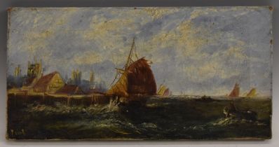19th century English School, Barges on a Rough Sea, indistinctly signed, oil on canvas, 18cm x 35.