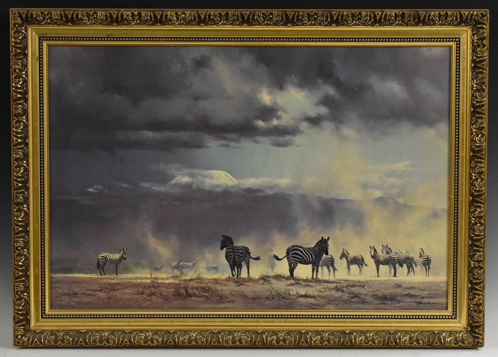 David Shepherd, after, Storm Over Amboseli, signed paper label to verso, titled, lithographic print,