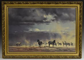 David Shepherd, after, Storm Over Amboseli, signed paper label to verso, titled, lithographic print,